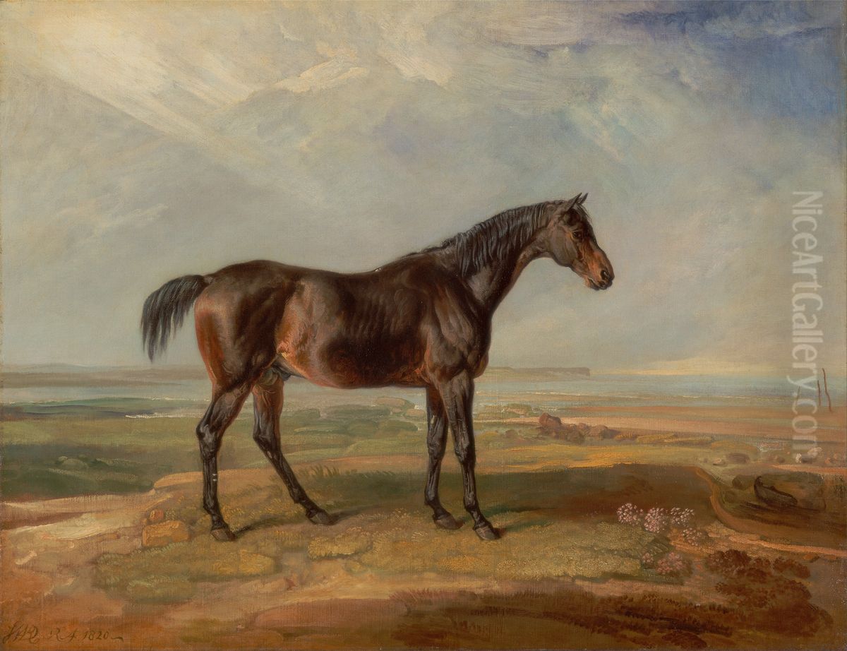 Dr. Syntax, a bay racehorse, standing in a coastal landscape, an estuary beyond Oil Painting by James Ward