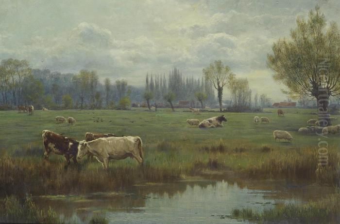 Cattle And Sheep In A Watermeadow Oil Painting by Richard Beavis