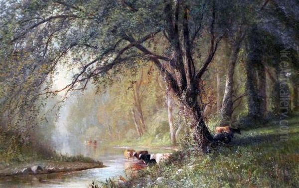 Cattle Watering Beside Woodland Oil Painting by Julie (Hart) Beers