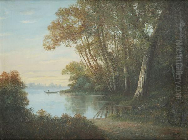 Paysage A La Barque Oil Painting by Leon-Auguste-Adolphe Belly