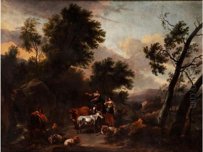 Italienische Ideallandschaft Mit
 Hirten Und Einer Schaferin Mit Flachsspindel Zwischen Ihren Tieren Oil Painting by Nicolaes Berchem