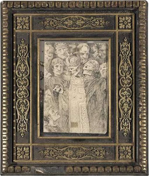 Trois Squelettes : L'un 
Couronne, L'autre Laure, Le Troisieme Encapuchonne, En Procession. Oil Painting by Valere Bernard