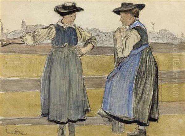 Zwei Walisserinnen. Verso Skizze
 Zu Einem Lesenden. (two Welsh Women) (verso Sketch Of A Man Reading) Oil Painting by Ernest Bieler