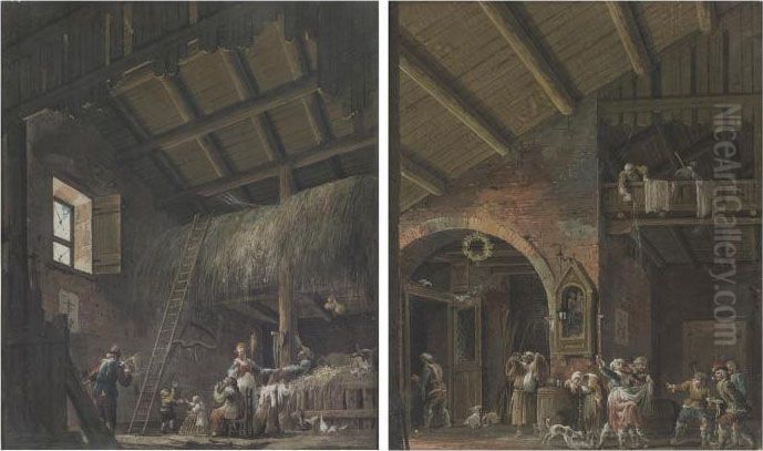 Barn Interiors With Figures Oil Painting by Giuseppe Bernardino Bison