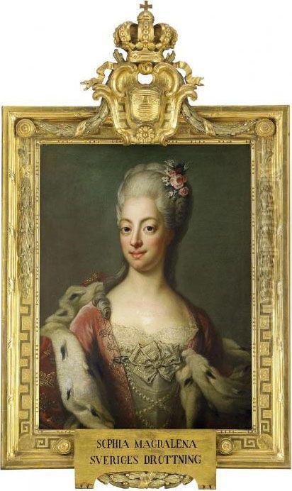 Portratt Av Drottning Sofia Magdalena Ikladd Rod Klanning Och Hermelinmantel - Midjebild Oil Painting by Jakob Bjork