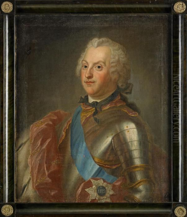 Portratt Av Kung Adolf Fredrik 
Ikladd Rustning Behangd Med Serafimerorden Och Hans Maka Drottning 
Lovisa Ulrika Ikladd Broderad Klanning Samt Hermelinbramad Mantel Med 
Kungliga Kronor - 1 Par Midjebilder Oil Painting by Jakob Bjork