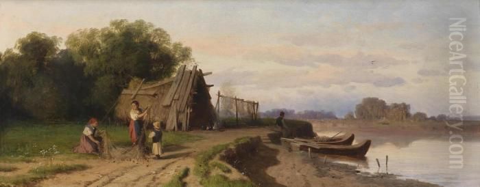 Fisher Family On The Riverbank Oil Painting by Pal Bohm