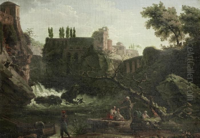 Figures Seated Before An 
Italianate Landscape, With A Waterfall In The Distance And A Villa On 
The Horizon Oil Painting by Carlo Bonavia