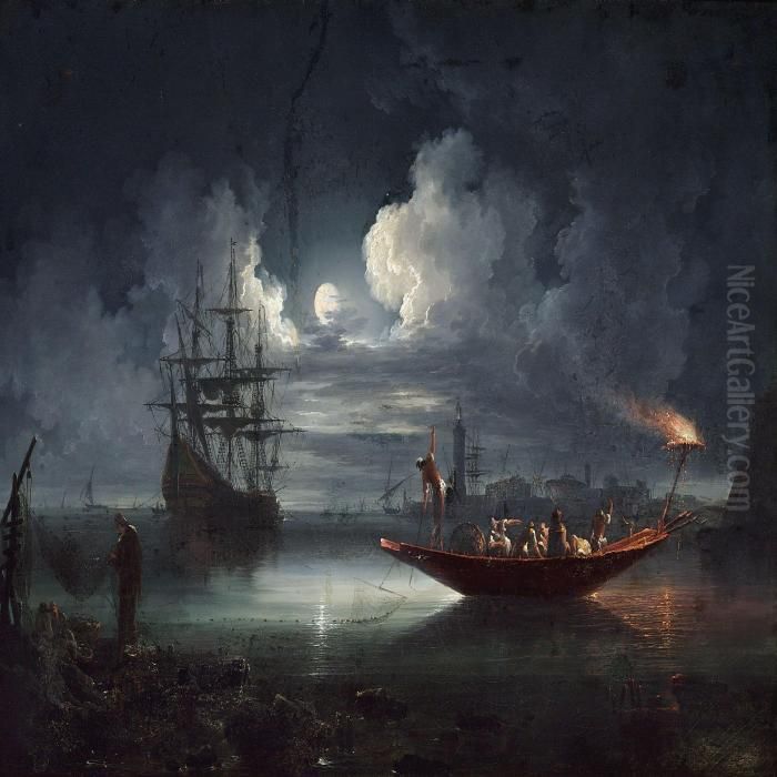 Fishermen Working In The Light Of The Full Moon Oil Painting by Carlo Bonavia