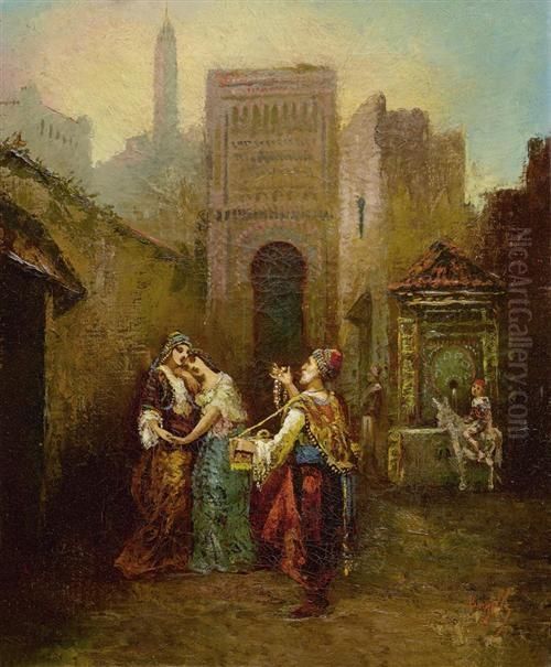 Marktszenerie Mit Schmuckverkaufer Und Zwei Schonen Damen. Oil Painting by Frederic Borgella