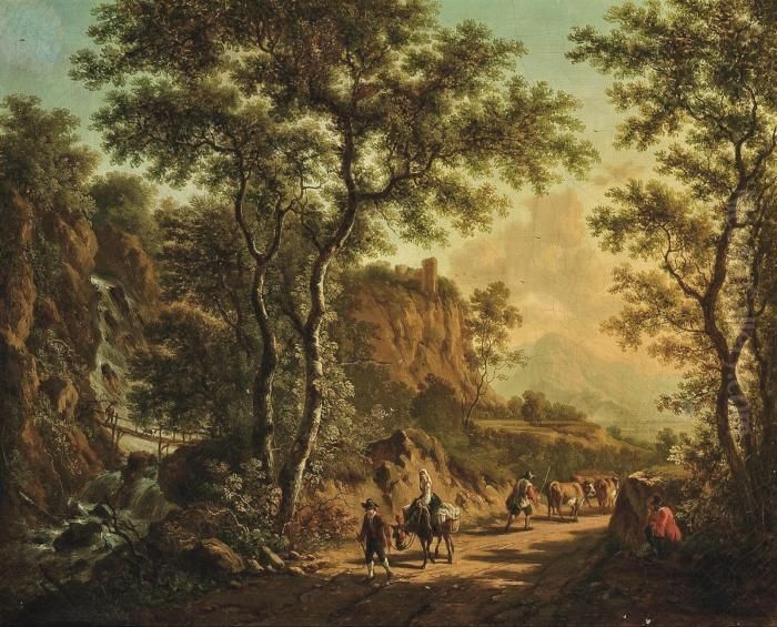 A Mountainous River Landscape 
With A Drover And His Cattle, Travellers On A Track, A Waterfall Beyond Oil Painting by Jan Both