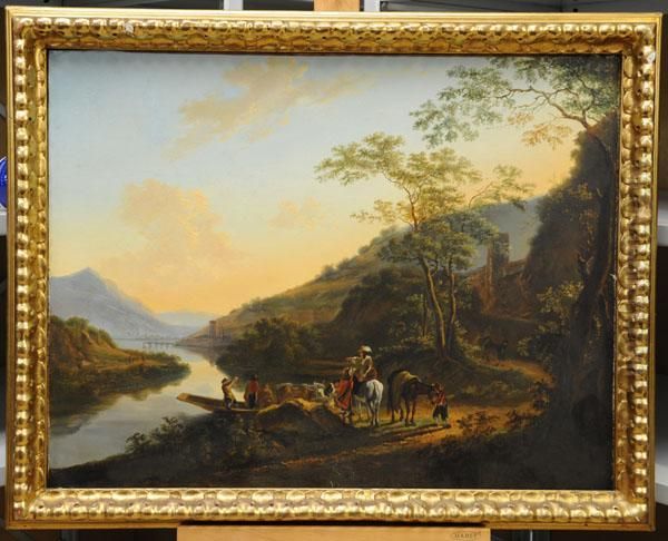 Cattle Being Led Off A Ferry 
Boat With Figures And Horses Standing By In Extensive Landscape Oil Painting by Jan Both