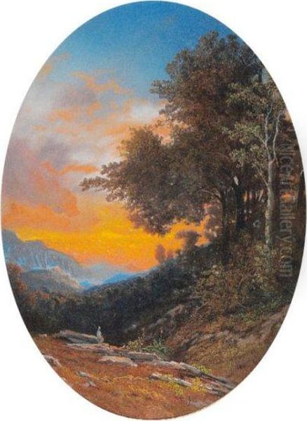 < Personnage Dans Un Paysage Au Soleilcouchant >. Oil Painting by Emile Boyer