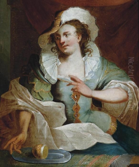 Portrait Of A Lady, 
Three-quarter-length, In An Embroidered Blue Dress With A Brown Hat, 
Seated Beside A Partly-draped Table With A Lemon On A Pewter Plate Oil Painting by Melchior Brassauw