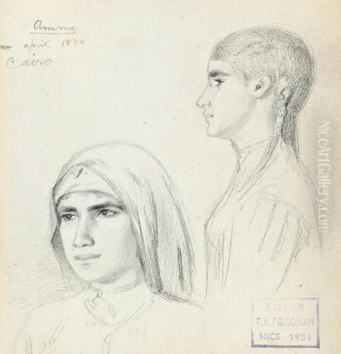 Studies Of Amna, An Egyptian 
Girl Of Cairo (illustrated); And Study Of A Young Egyptian Boy Wearing A
 Turban Oil Painting by Frederick Arthur Bridgman