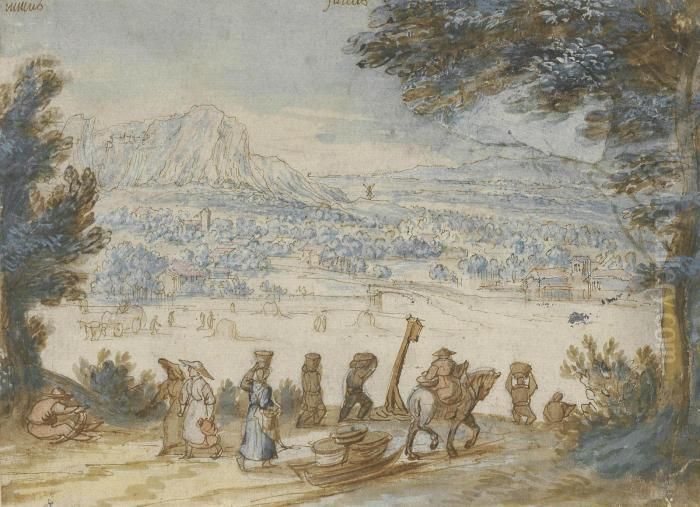 The Month Of July: An Extensive 
Wooded Landscape With Haymakers In A Meadow And Travellers On A Path In 
The Foreground Oil Painting by Jan The Elder Brueghel