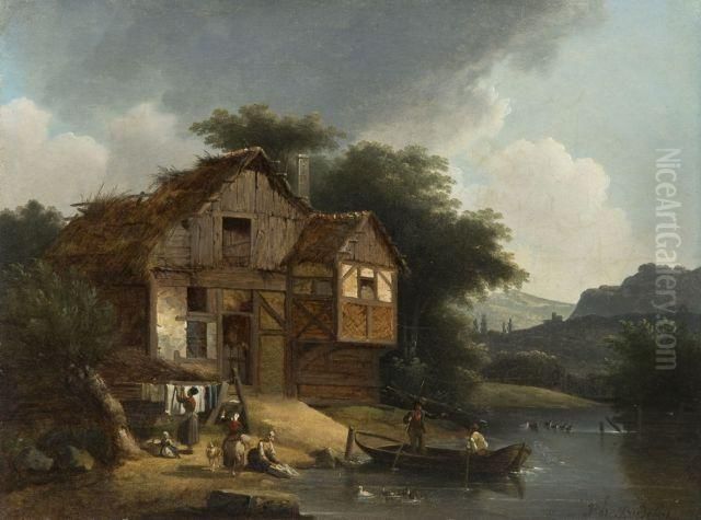 Lavandieres Au Pied D'une Maison Au Bord D'une Riviere Oil Painting by Philippe Budelot