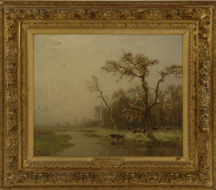 Cows Watering At A River's Edge Oil Painting by Charles Busson