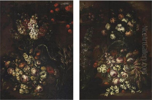 Roses, Narcissi, A Poppy And 
Other Flowers In A Wicker Basket; And Roses, Tulips, Narcissi, 
Carnations And Other Flowers In A Wicker Basket Oil Painting by Margherita Caffi