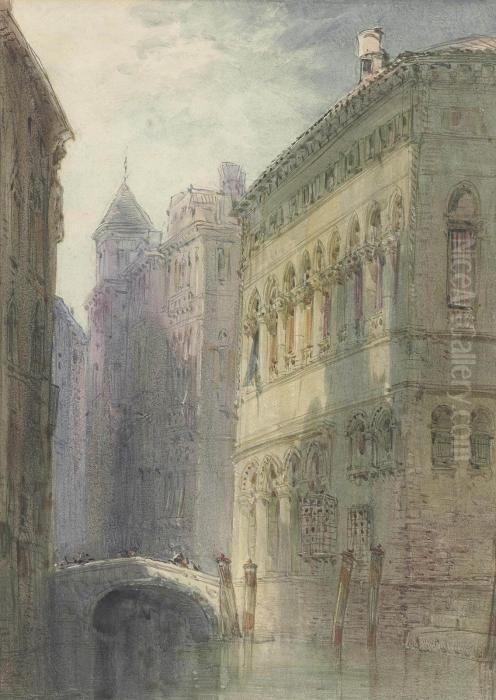 Figures Crossing A Bridge, Venice Oil Painting by William Callow