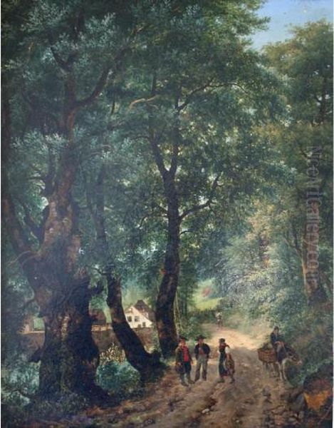 Figures Near A Farm On A Wooded Lane Oil Painting by Giuseppe Canella