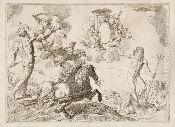 Giove, Nettuno E Plutone Donano Le Corone Alle Armi Del Cardinale Borghese Oil Painting by Simone Cantarini (Pesarese)