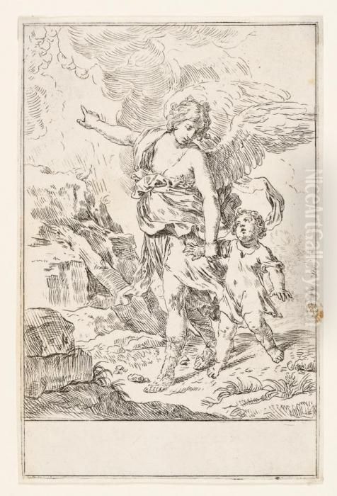 L'angelo Custode Oil Painting by Simone Cantarini (Pesarese)