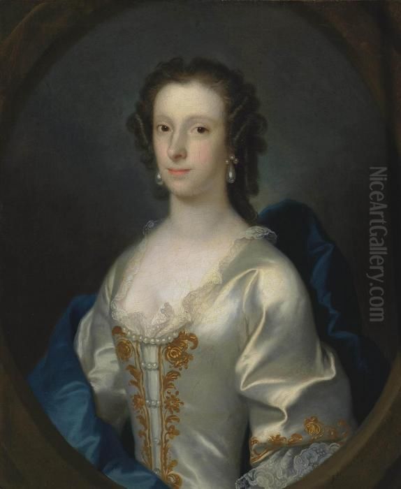 Portrait Of A Lady, Bust-length,
 In A Lace Trimmed And Gold Embroidered Oyster Satin Dress, With A Blue 
Wrap And Pearl Earrings, In A Feigned Oval Oil Painting by Adriaen Carpentiers