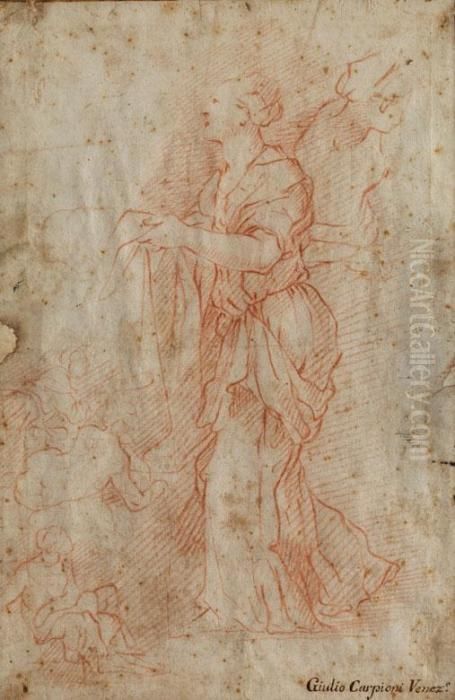 Rotel Auf Braunlichem Buttenpapier Oil Painting by Giulio Carpione