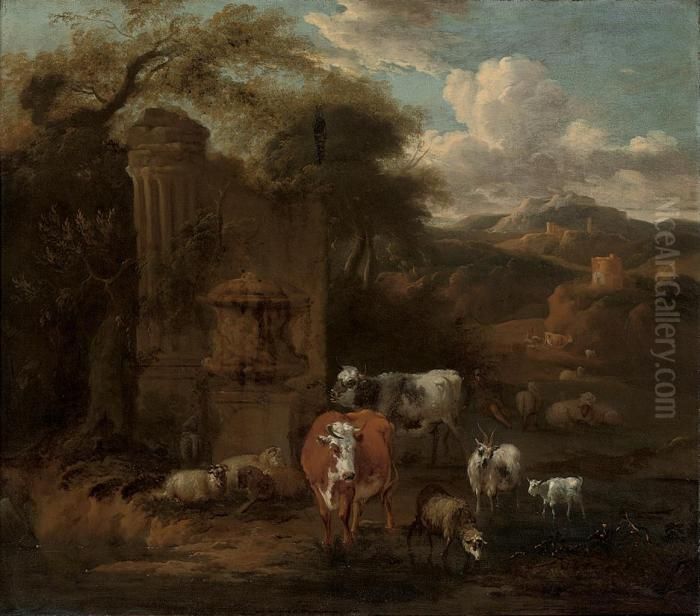An Extensive Mountainous 
Landscape With A Herd Of Cattle, Sheep And Goats At Water, By Classical 
Ruins, A Hilltop Tower And Fortress Beyond Oil Painting by Michiel Carre