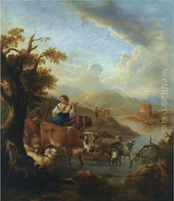 A Shepherd And A Shepherdess 
With Their Herd Fording A River In An Italianate Landscape, A Tower In 
The Distance Oil Painting by Michiel Carre