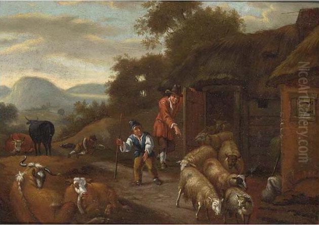 A Landscape With Shepherds Driving Sheep Out Of A Barn, Cattle In The Foreground;
 A Landscape With A Shepherdess And A Sleeping Shepherd Together With Their Herd Near A Farmhouse Oil Painting by Michiel Carre