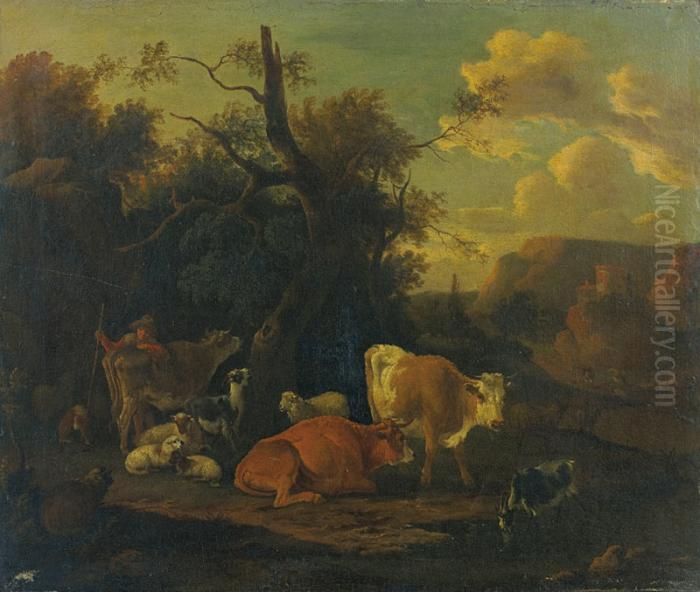Le Repos Des Bergers Dans Un Paysage De La Campagne Romaine. Oil Painting by Michiel Carre