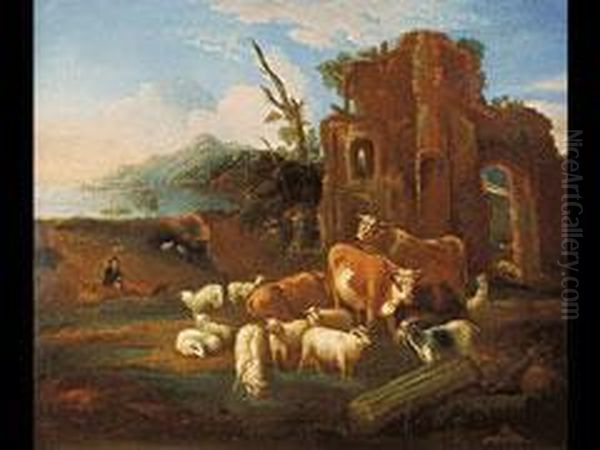 Herde Mit Hirte Vor Architektur
 Am Seeufer Oil Painting by Michiel Carre