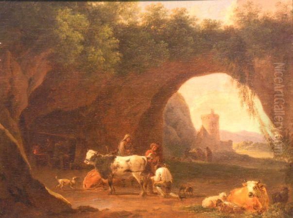 An Italianate Landscape With Cattle, Goats, Sheep And Figures Byclassical Ruins Oil Painting by Michiel Carre