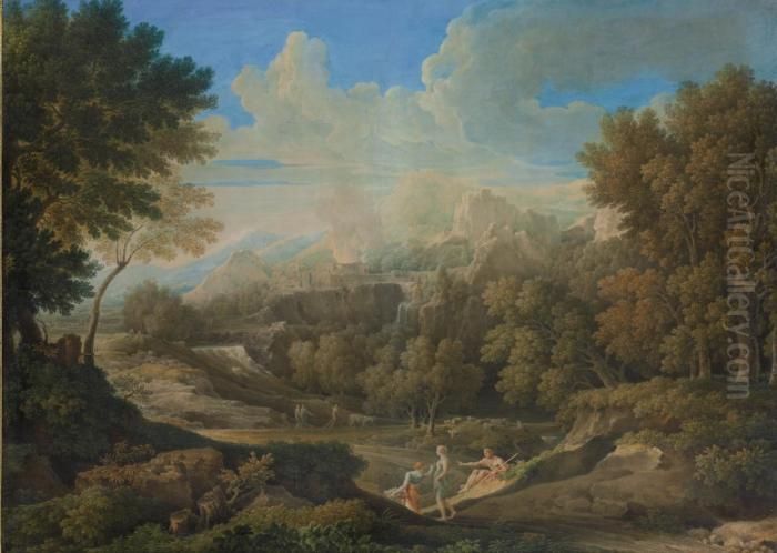 An Arcadian Landscape With A 
Burning City On A Cliff Beyond And Shepherds Resting In The Foreground Oil Painting by Louis Francois Cassas