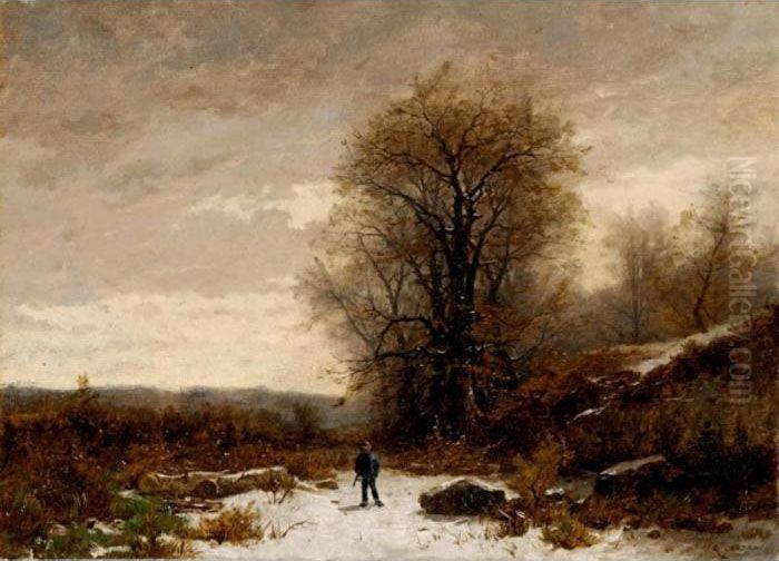 Paysage D'hiver Avec Chasseur 
Winter Landscape With Hunter Oil Painting by Gustave Castan