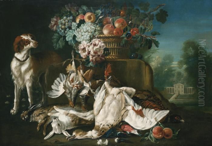 A Still Life In A Formal Garden 
Setting With Fruit Spilling Out Of A Basket Set On A Stone Ledge, A 
Spaniel And Dead Game On The Ground Beneath Oil Painting by Pieter Casteels