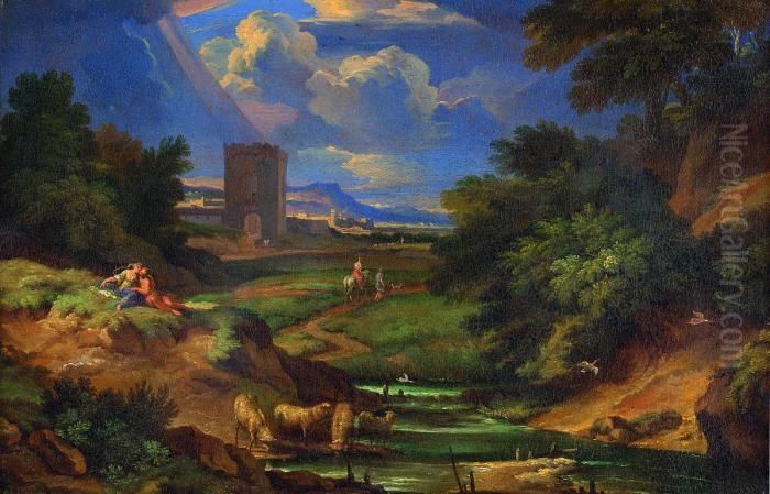 Paesaggio Fluviale Con Figure, Armenti E Torre 
Paesaggio Fluviale Con Figure Femminili E Fortezza Oil Painting by Pieter the Younger Mulier