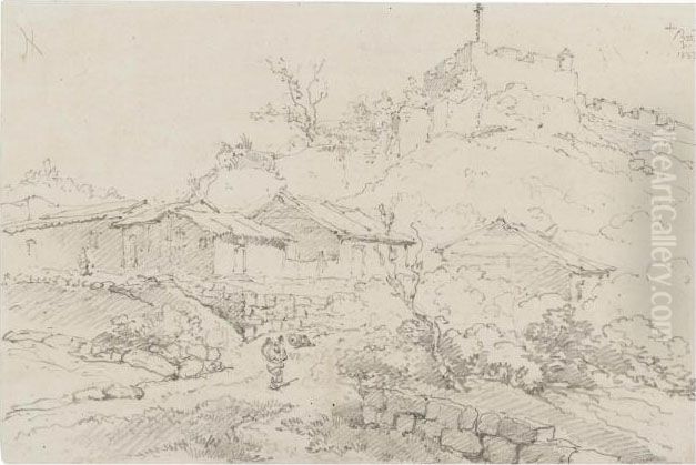 A Figure On A Track Below A 
Citadel (illustrated); And A Study Of A Chinese Fisherman, Gamblers And 
Two Goats (recto) And Subsidiary Figure Studies (verso) Oil Painting by George Chinnery