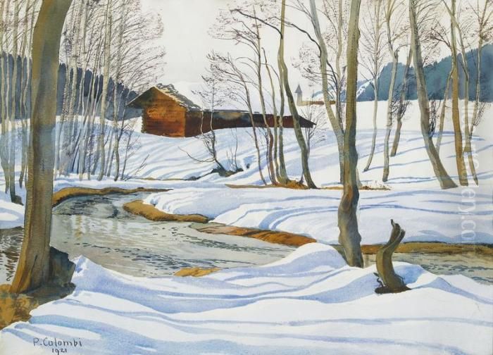 Winterliche Bachlandschaft Oil Painting by Plinio Colombi