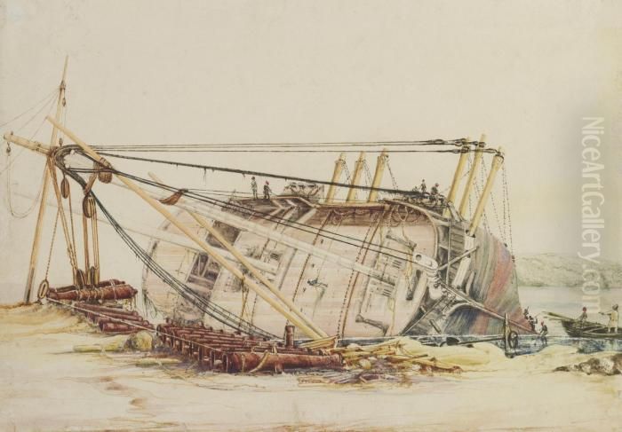 An Armed Vessel Careened On The 
Beach With Its Cannon Ashore And Workers Cleaning Its Hull Oil Painting by Edward William Cooke