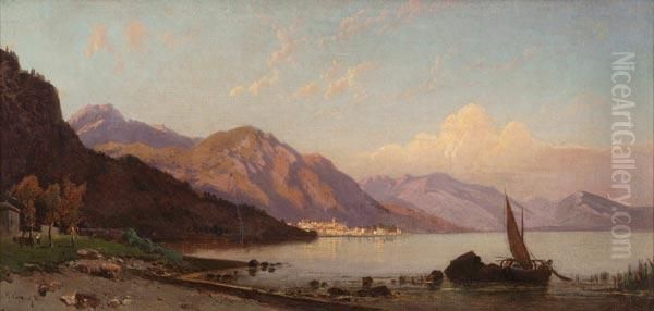 Veduta Del Lago Di Nemi Con Barca E Pescatore A Riva Oil Painting by Hermann David Solomon Corrodi
