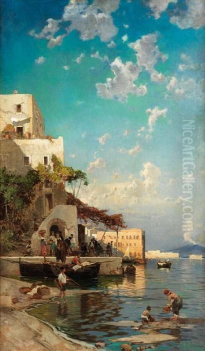 Abendliches Treffen Der Fischer In Einer Taverne Von Mergellina Bei Neapel Oil Painting by Hermann David Solomon Corrodi