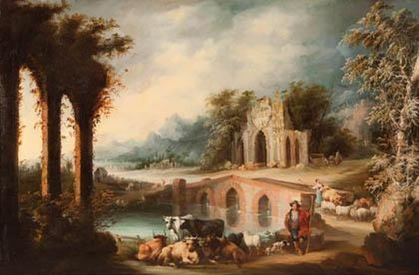Ganaderos Con Rebanos En Paisaje Con Ruinas Neogoticas Oil Painting by Andres Cortes