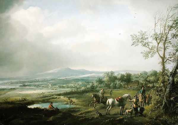 A Hawking Party in an Extensive Landscape Oil Painting by Philips Wouwerman