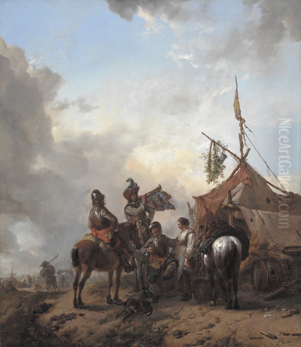 Soldiers carousing with a serving woman outside a tent Oil Painting by Philips Wouwerman