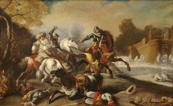 Choc De Cavalerie Pres Des Remparts Oil Painting by Jacques Courtois