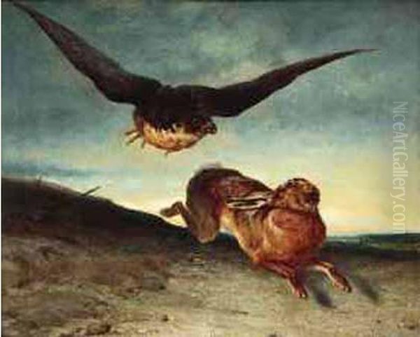 < Faucon Chassant Un Lievre >. Oil Painting by Philibert Leon Couturier