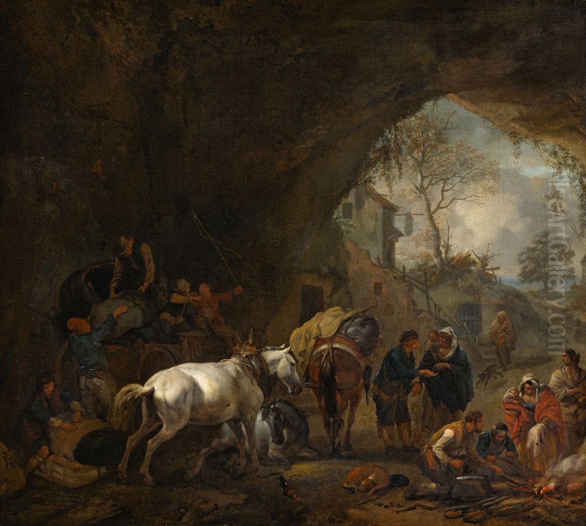 A grotto with travellers unloading a wagon, a gypsy fortune-teller, a blacksmith and other figures Oil Painting by Philips Wouwerman